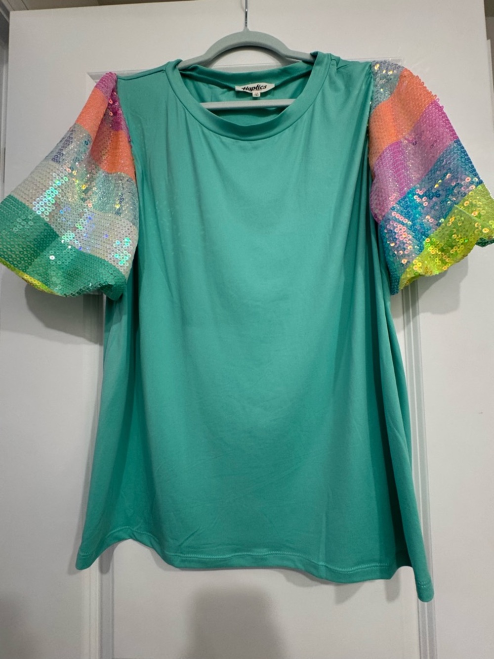 Boutique Haptics Women’s Top: Seafoam with Rainbow Sequin Puff Sleeves